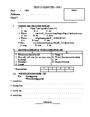 Đề kiểm tra 15 phút số 2 học kỳ I môn Tiếng Anh Lớp 7 - Năm học 2015-2016